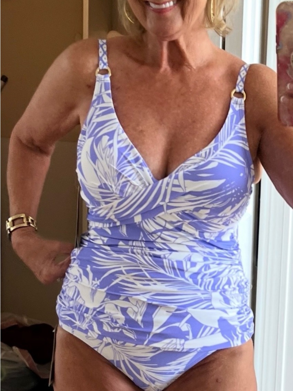 Catalina Purple Swim Top with Tropical Print Accents and bottoms.